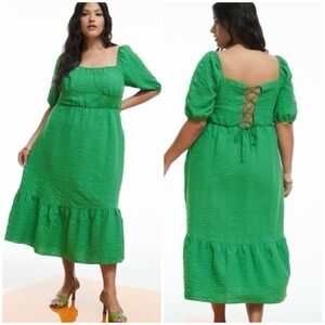 Addition Elle Green Maxi Tiered Lace-Up Peasant Dress Party Stretch size 3X